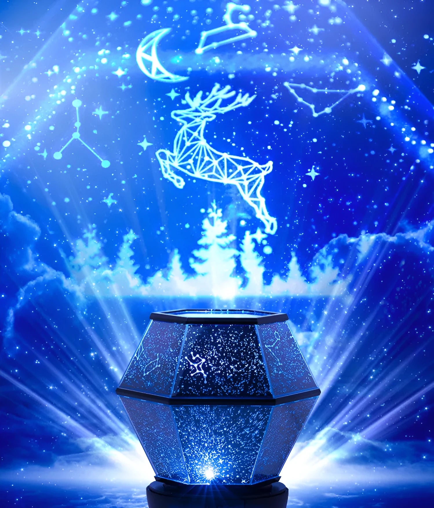 Children's rotating stars LED night light projecting a three-colour starlight pattern on a wall.