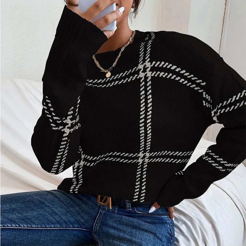 Women's casual plaid colour-block crew neck sweater with apricot, black, beige, red and green stripes