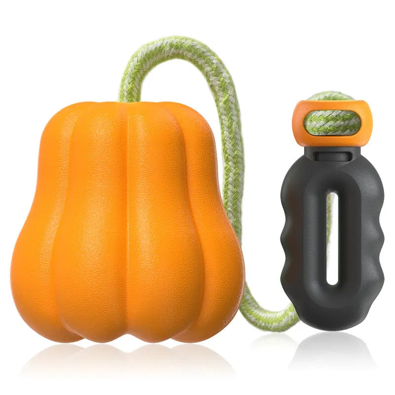 Orange plastic Bite Molar dog toy with an attached brown rope handle on a grassy background.