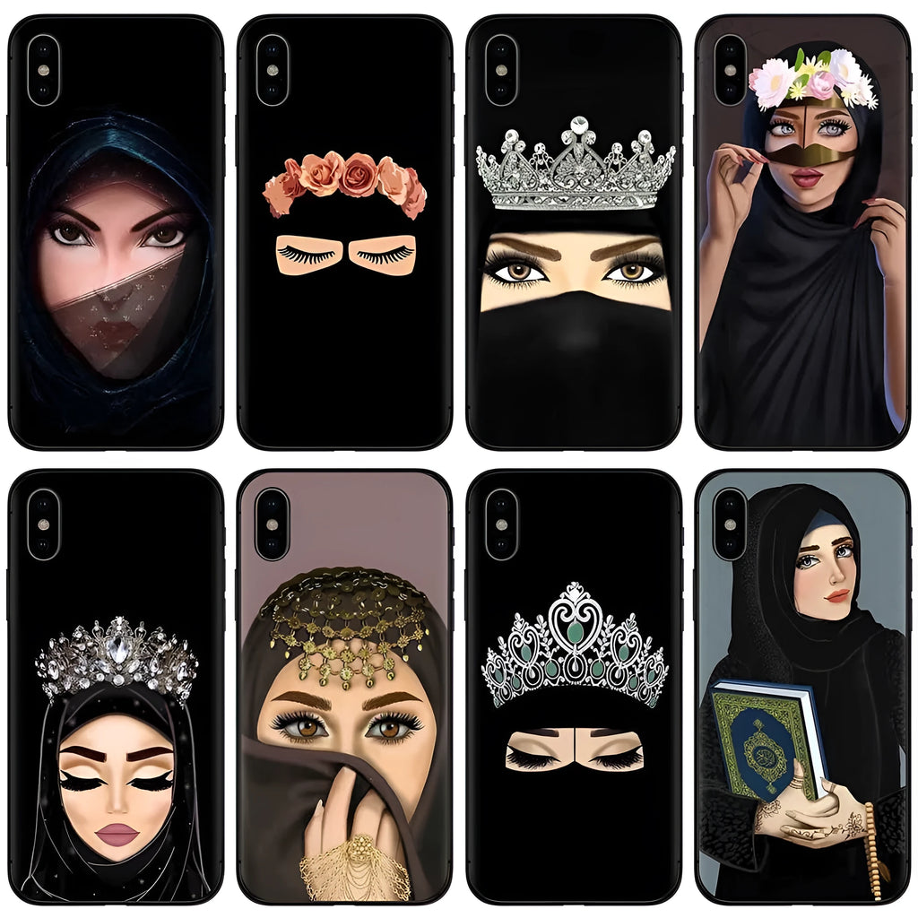 iPhone TPU back cover phone case with painted rhinestone, floral, and letter Islamic hijab veil design.