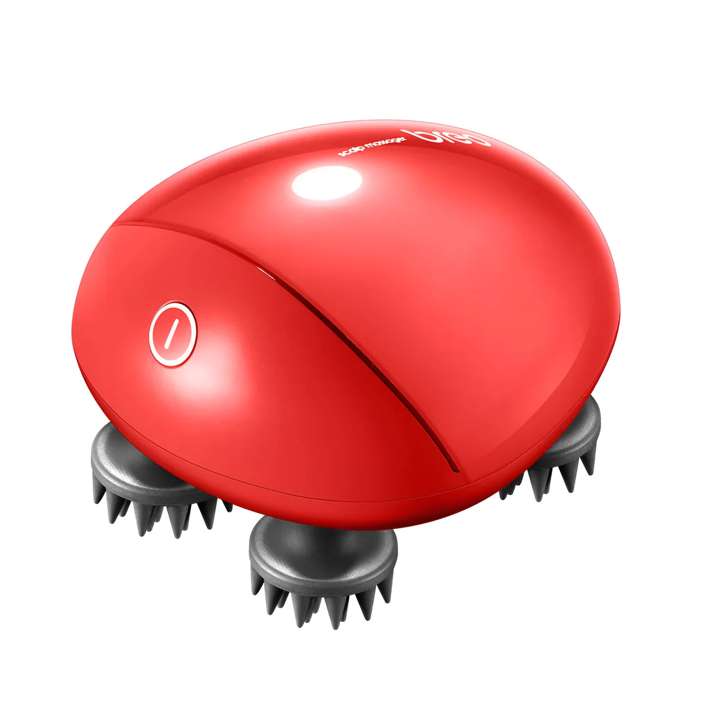 Red electric scalp massager with kneading heads showing compact 110mm x 120mm x 82mm dimensions