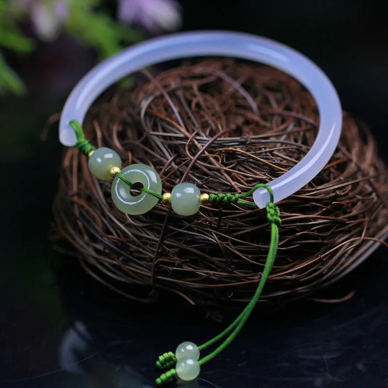 Handmade white agate and Hetian jade bracelet with peace buckle closure, 6mm bead diameter