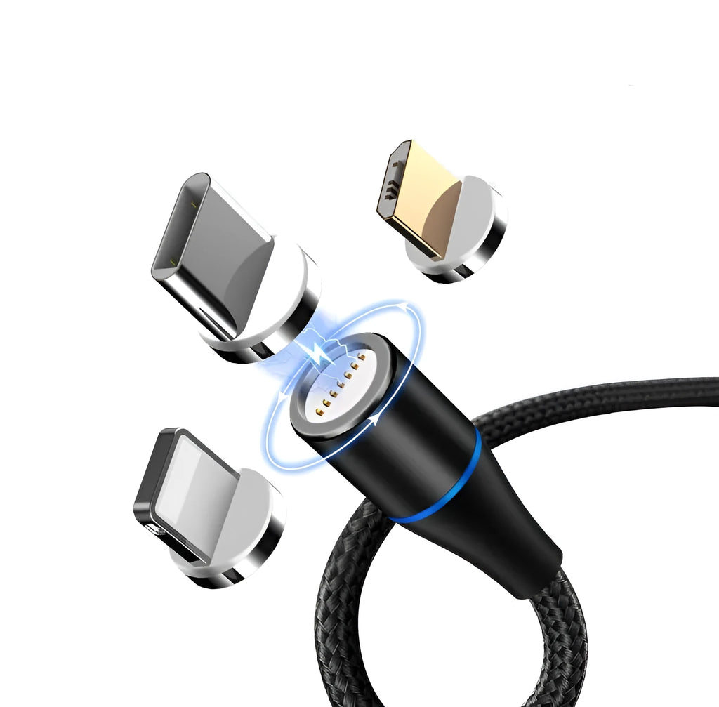 Magnetic 3-in-1 fast charge data cable for Apple iPhone in black and blue colour options