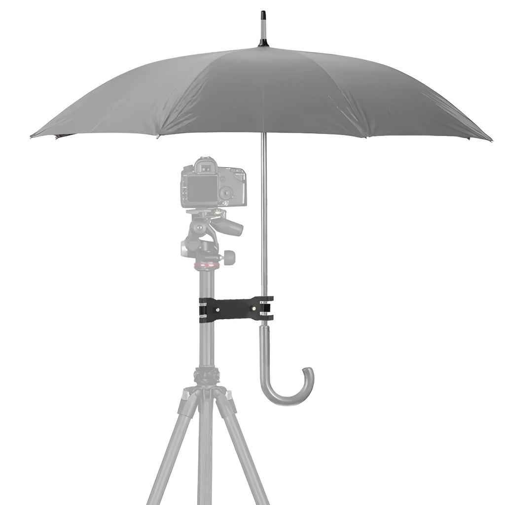 Black ABS plastic umbrella clip for attaching a brolly to a camera tripod.