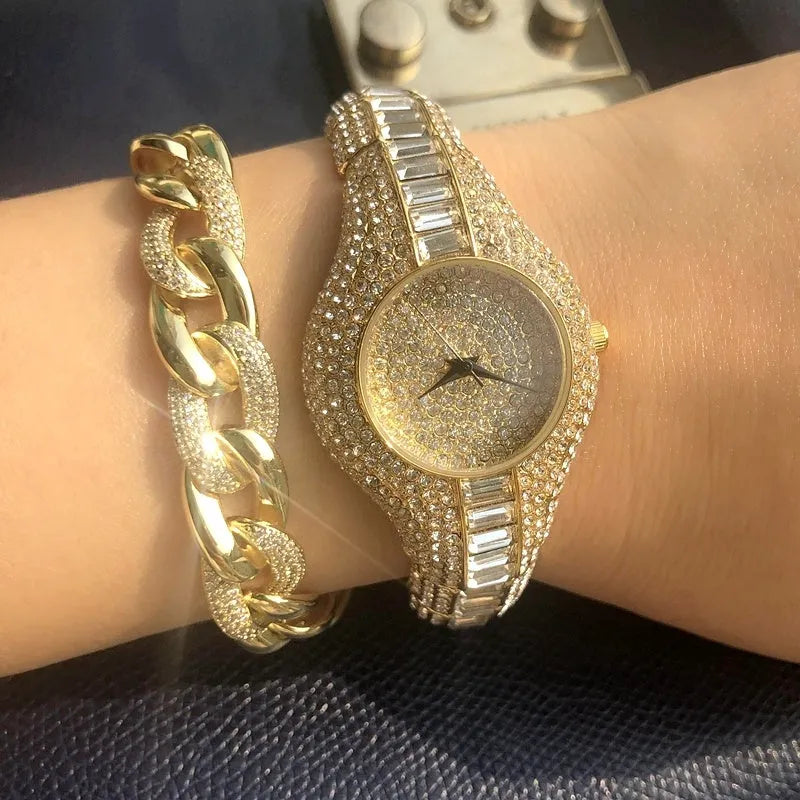 Gold ladies' quartz watch with diamond and colourful stone decoration, round alloy case, alloy strap, and mineral strengthened glass mirror