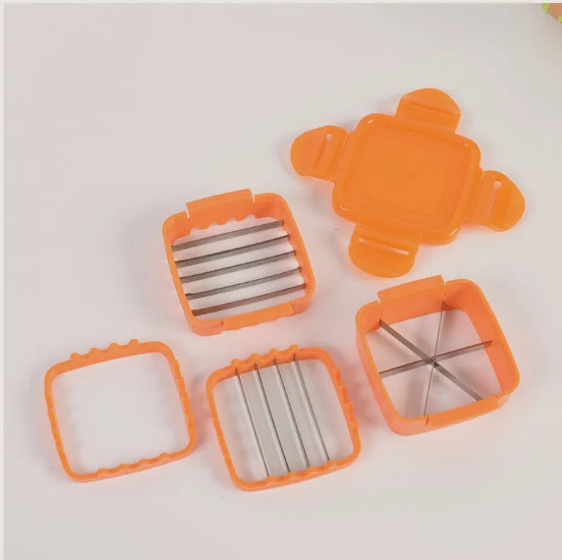 Multifunctional pressing vegetable cutter in green with push-action handle on white background