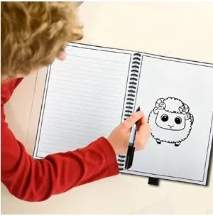 Rewritable paper notebook with black PP cover, spiral binding, and pen on a desk