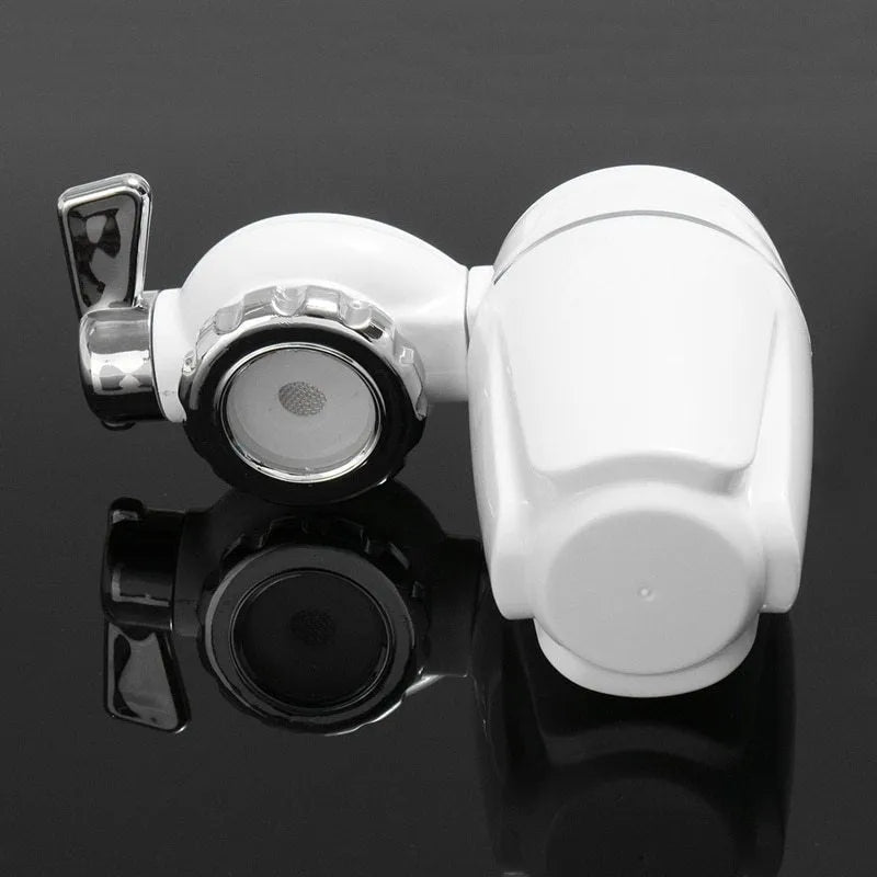 White plastic faucet water purifier with ceramic filter cartridge mounted on kitchen tap