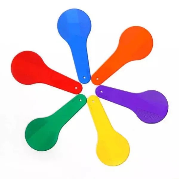 Set of six coloured PVC learning boards for kids: red, yellow, blue, green, orange, purple.