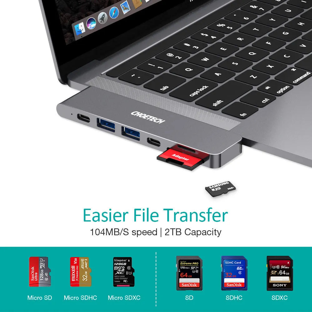 Silver aluminium alloy USB-C multi-port hub with SD card slot, HDMI, and USB ports.