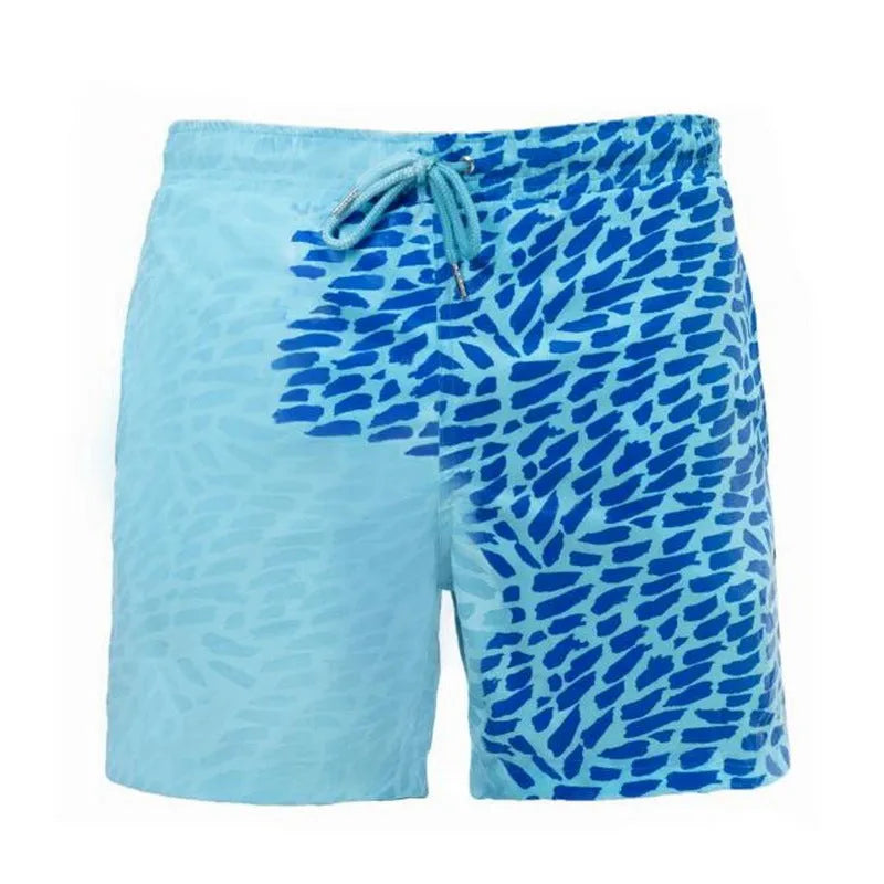 Thermochromic children's shorts in blue with colour-changing polyester fabric, solid colour design
