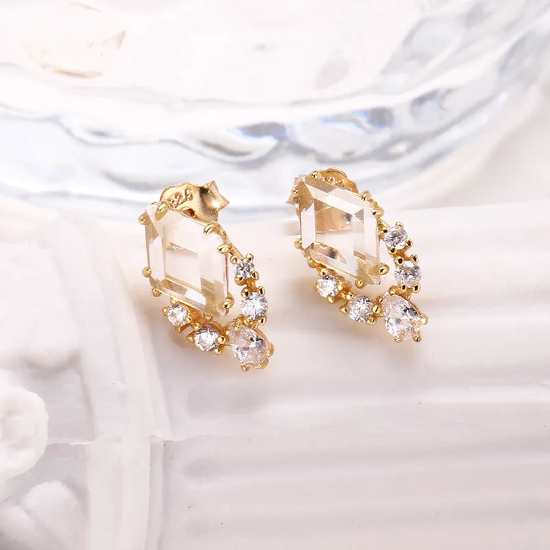 Geometric 925 silver stud earrings with sweet white electroplated crystals