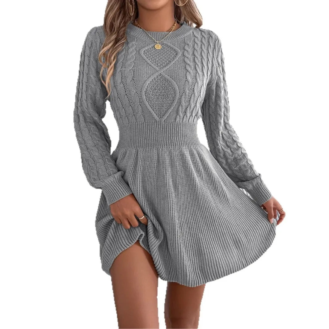 Black solid colour sweater dress with twist front, lantern sleeves, and elasticated waist