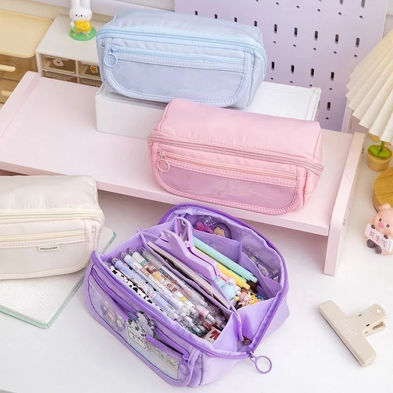 Korean style canvas pencil case with ten-layer flip design in multiple colour options