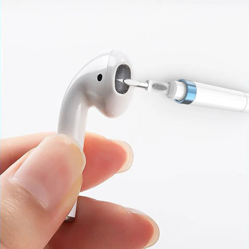 Blue cleaning pen with metal nib and brush for cleaning headphones and keyboards