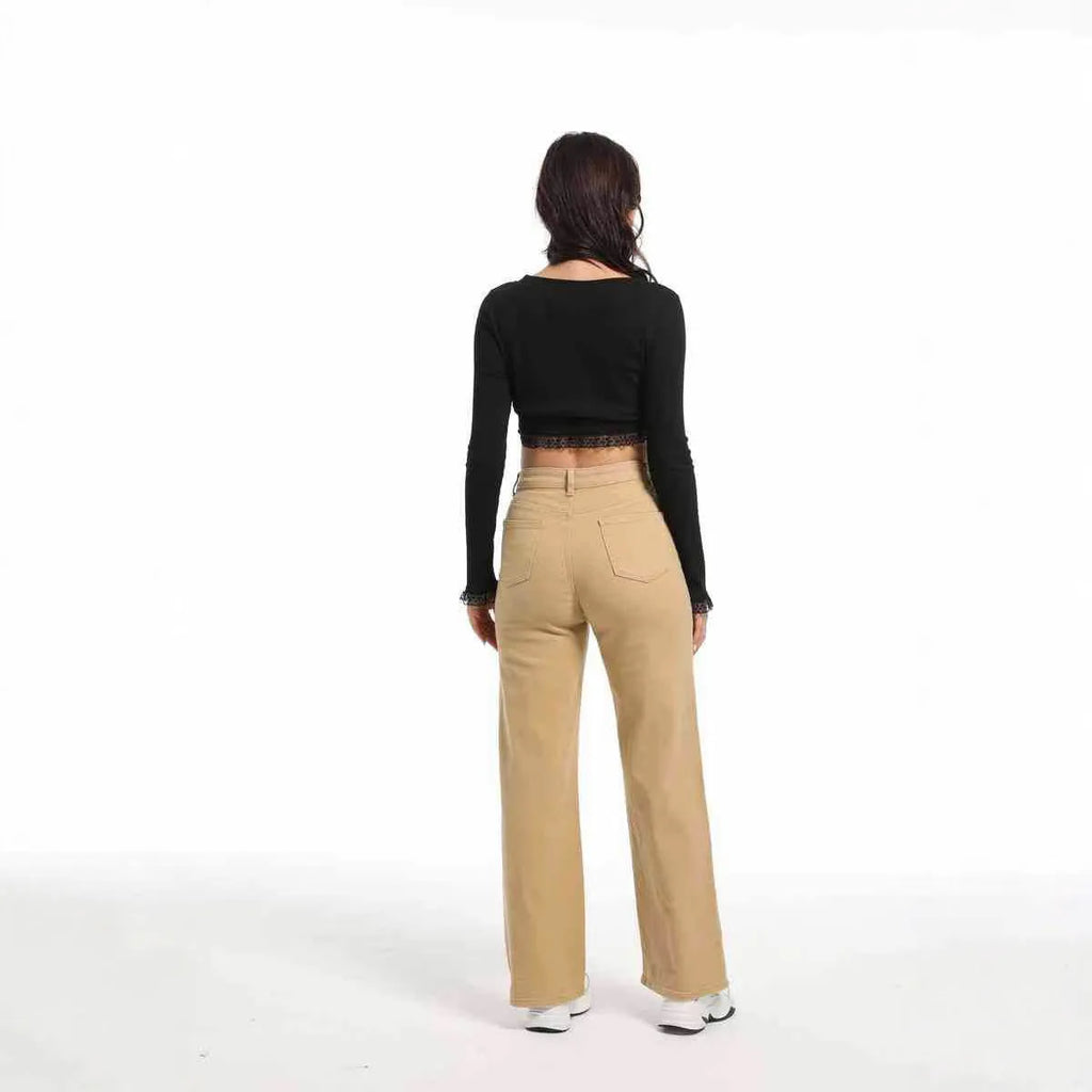 Women's high-waisted straight wide-leg jeans in apricot colour autumn casual trousers