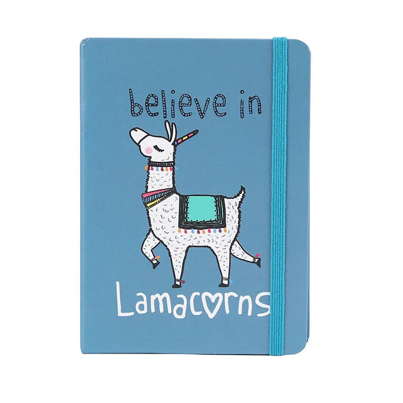 Cartoon alpaca design notepad showing cover, available in A5, A6, and A7 sizes with yellow paper pages.