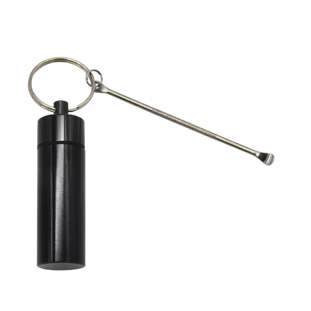 Aluminium medicine storage bottle with spoon and keychain in five colour options