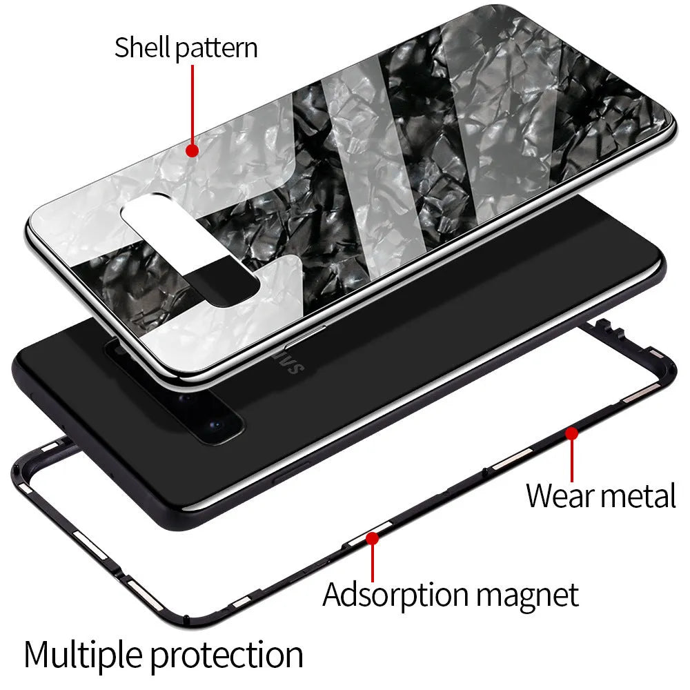 Galvanised mobile phone protective cover in black, PC and glass construction, magnetic plating shell pattern, fits Samsung Galaxy models