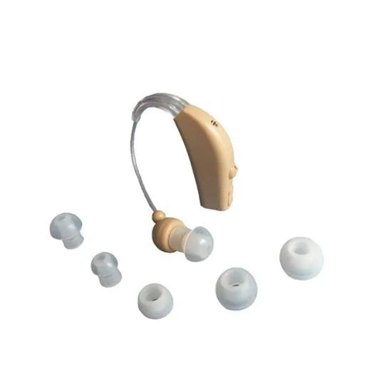 Rechargeable behind-the-ear digital hearing aid amplifier with mini design and plastic housing.