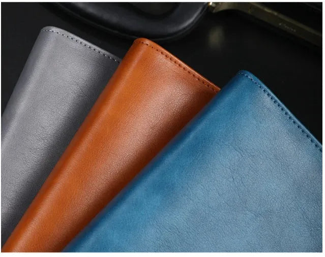 A5 leather notebook with 6-hole binder clip in black, blue, brown, grey or red colours