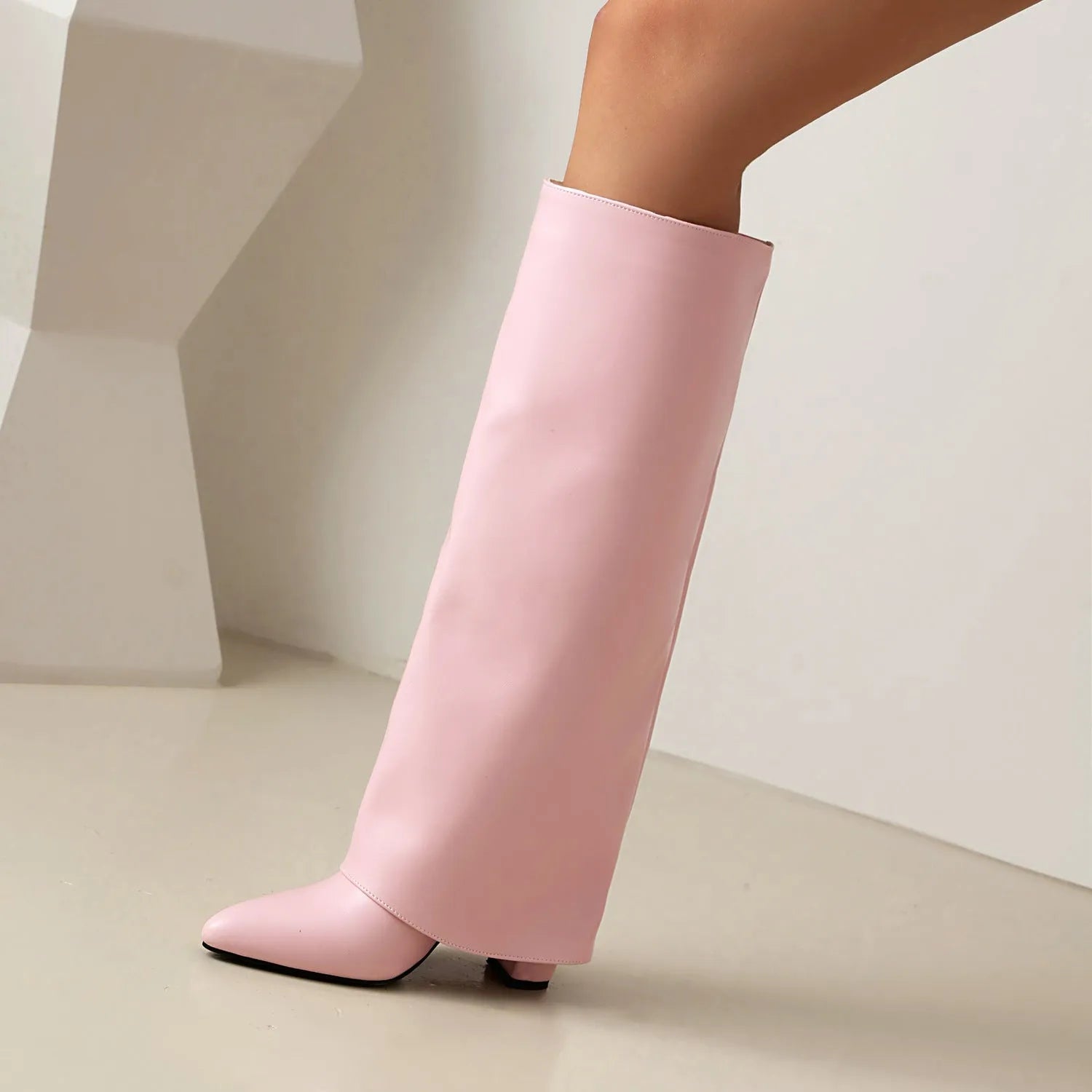 Women's plus size high heel boots in white colour with decorative sewing lines and thick heels