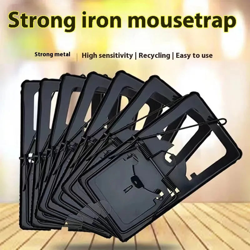 Automatic mouse trap shown in small, medium, and large sizes with metal and plastic colour options.