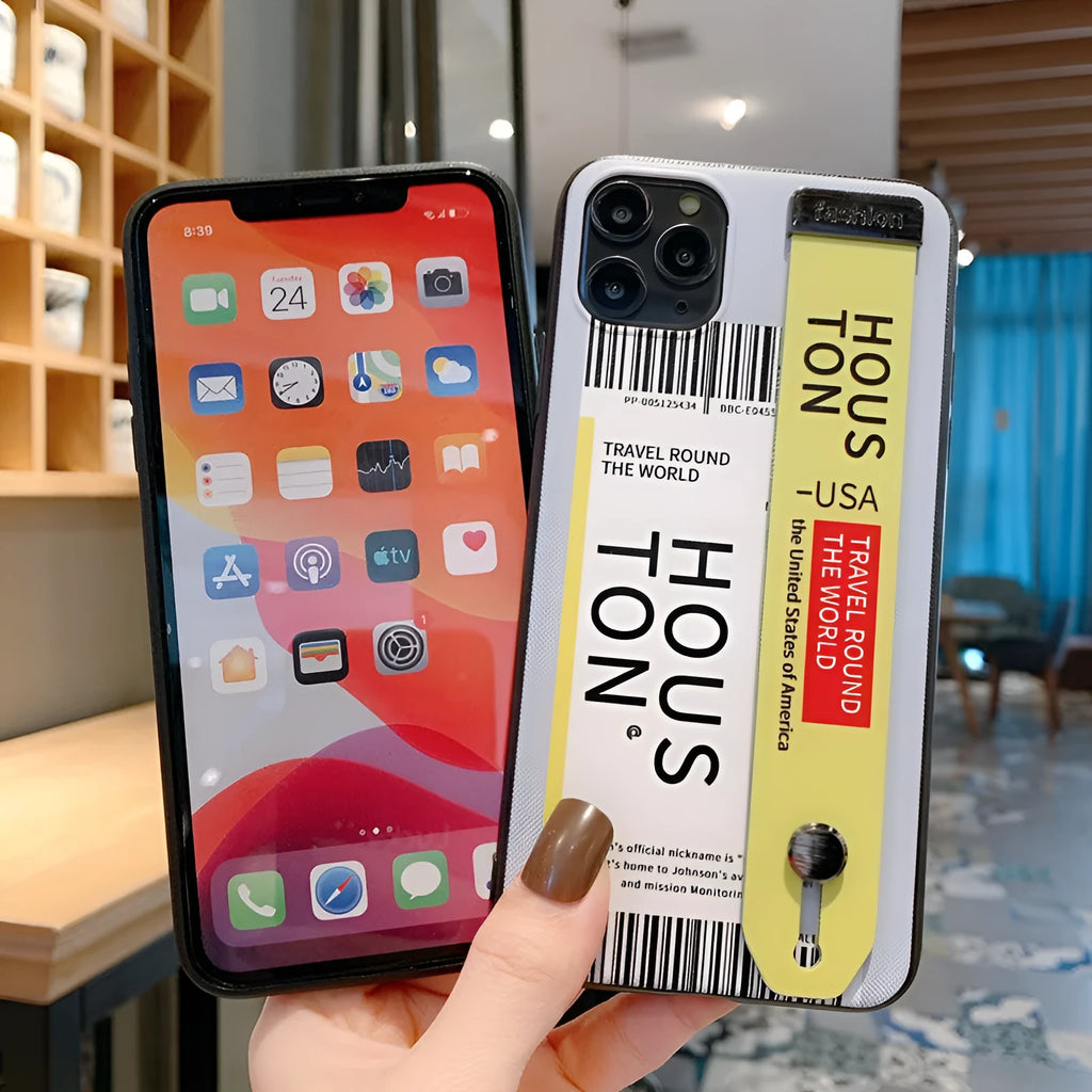 Red TPU and PC mobile phone case for Apple iPhone with attached wristband.