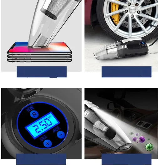 Four-in-one wireless car vacuum cleaner and air pump with ABS plastic body and digital gauge