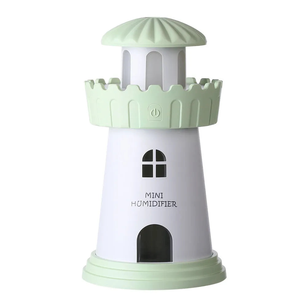 Home lighthouse humidifier in green with USB night light and ultrasonic mist, 80mm