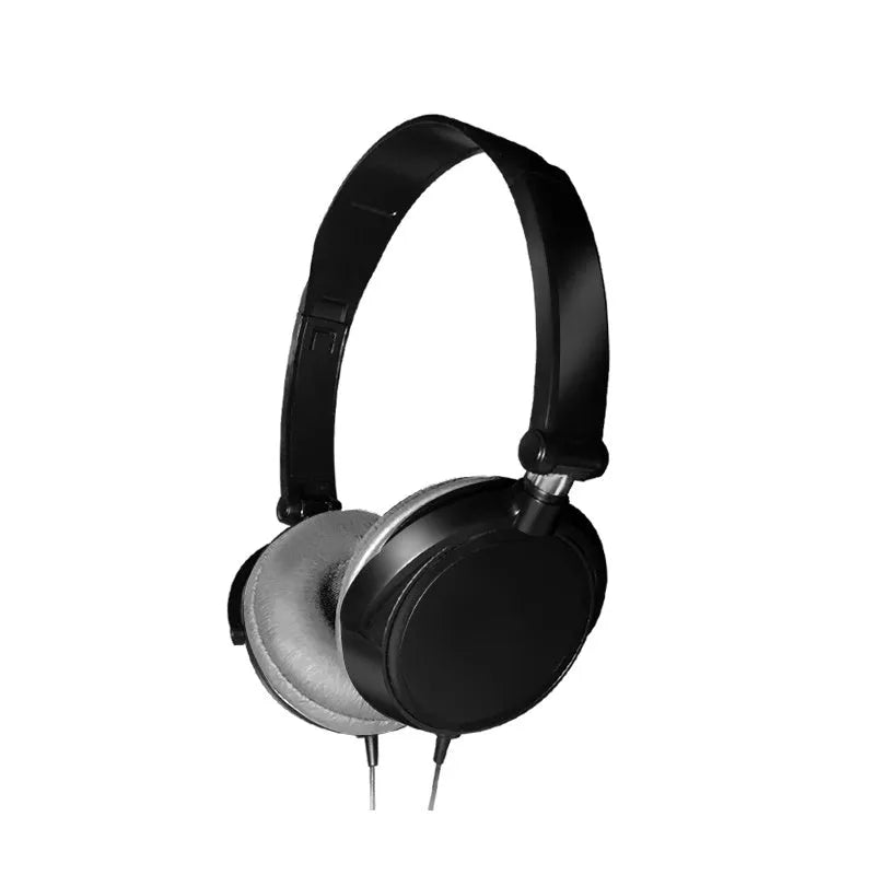 Black foldable wired over-ear headphones with an adjustable headband and a 3.5mm plug.