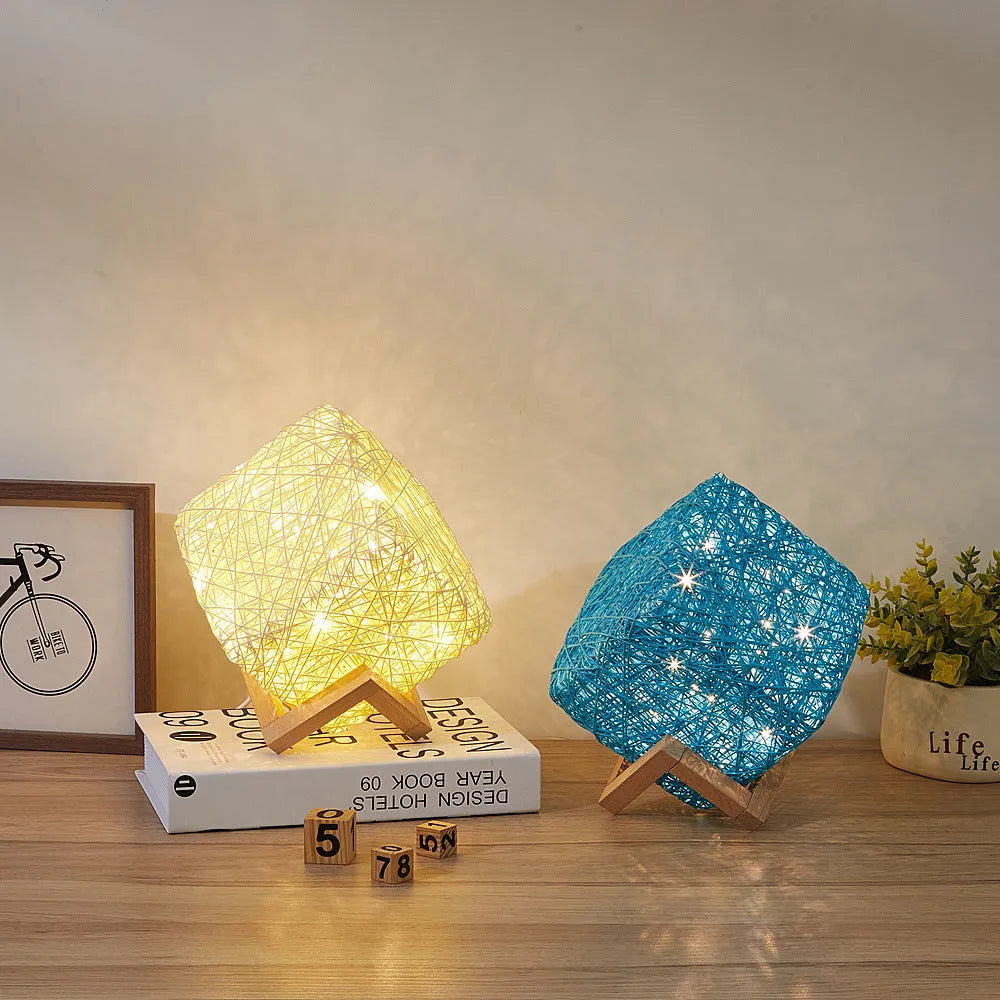 Hand-knit rattan square LED desk lamp with wood base and USB charging, beige colour