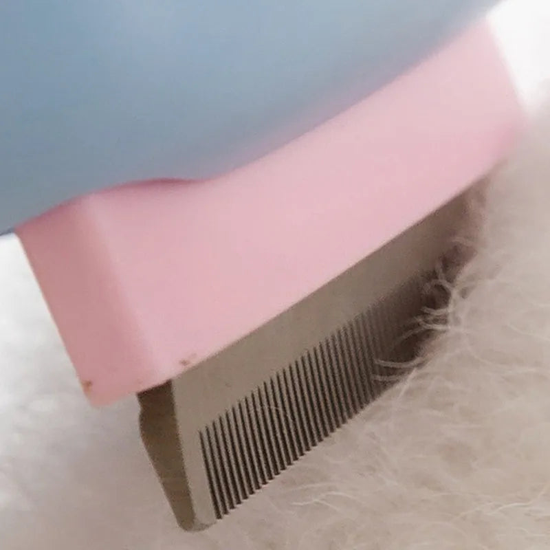Blue double-sided pet grooming brush showing deshedding rake and dematting comb on a white background.