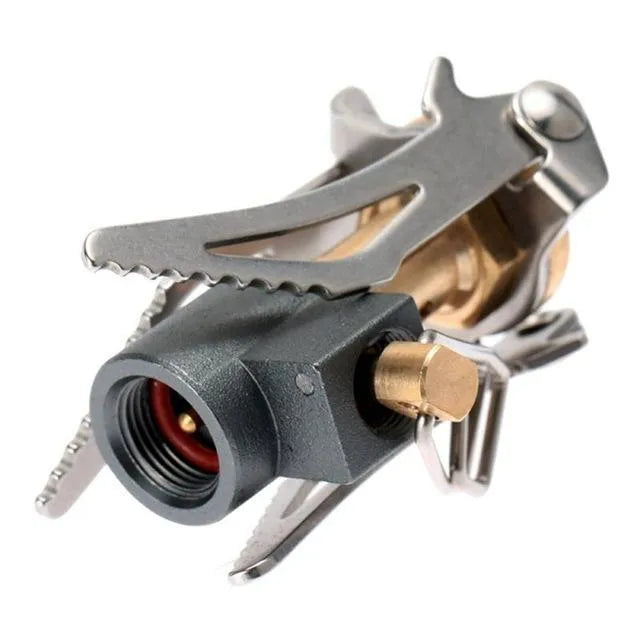 Portable folding mini camping stove made of stainless steel, copper, and aluminium with carry pouch