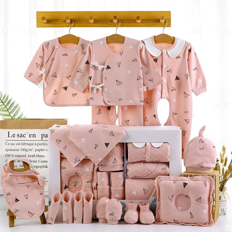 Baby cotton clothes gift box with 22 pieces of sanded fabric clothing in blue and pink cartoon pattern