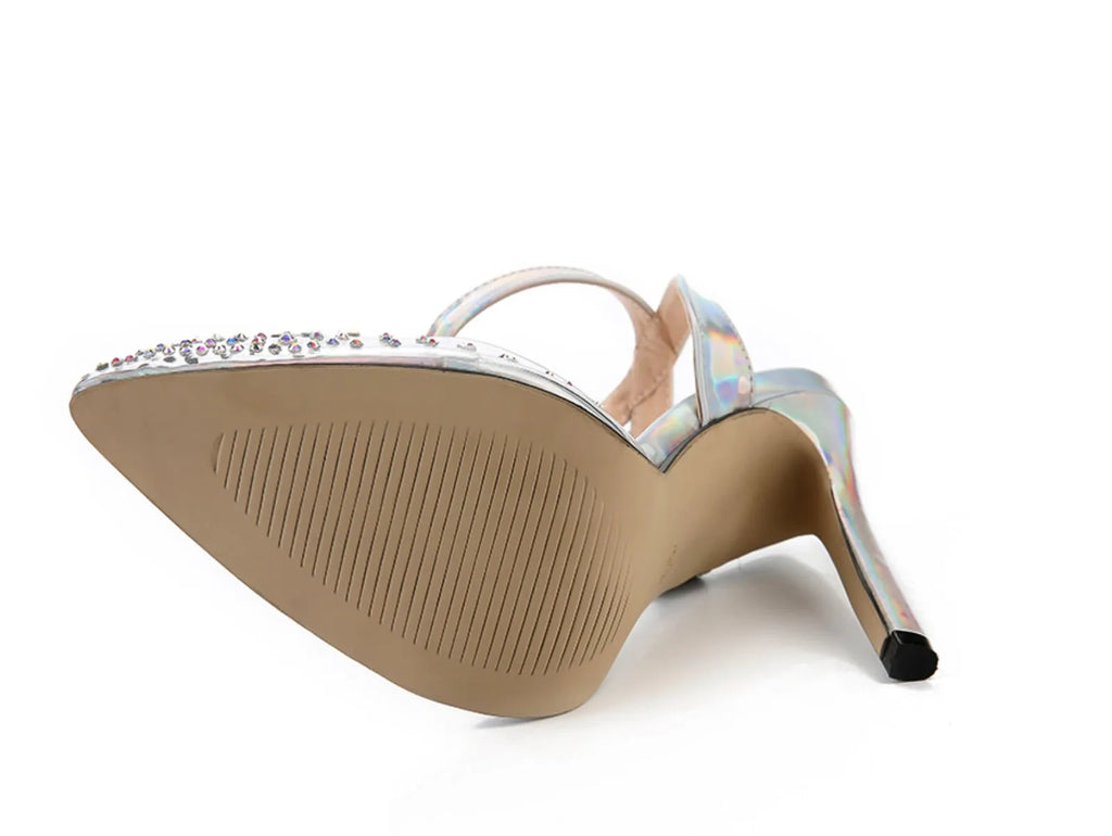 Women's pointed toe sandals with diamond pattern and stiletto heel on a white background.