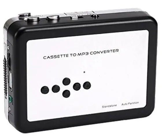 Limited Edition white USB Cassette to MP3 Converter with earphone and USB cable on tabletop