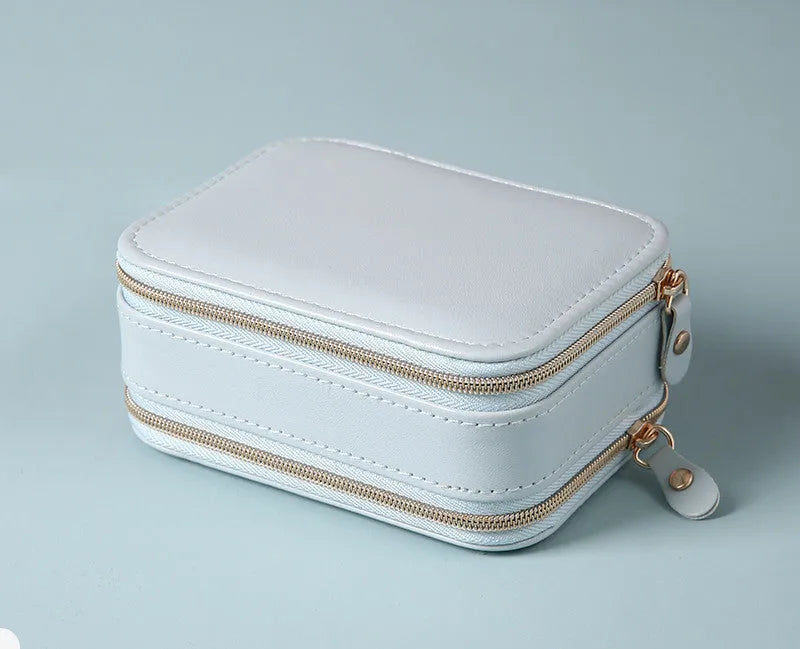 Portable travel jewelry box double-sided PU leather pearl velvet blue pink