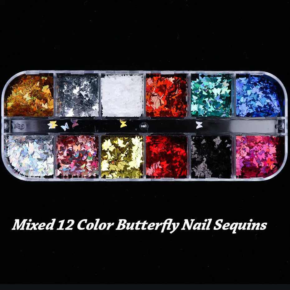 Butterfly sequin nail decoration in a 12 grid case with mixed colour glitter for natural or artificial nails