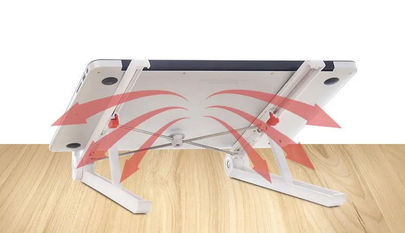 White Whale Race adjustable laptop stand with cooling radiator base for Apple MacBook.