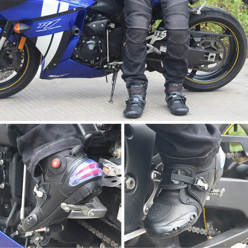 Road motorcycle riding shoes ankle boots in black with anti-twist design and adjustable fastening buckle
