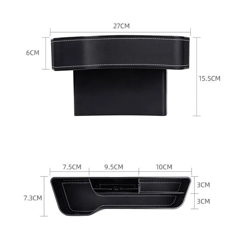 Black leather car seat gap storage box with cup holder and USB cable for driver side