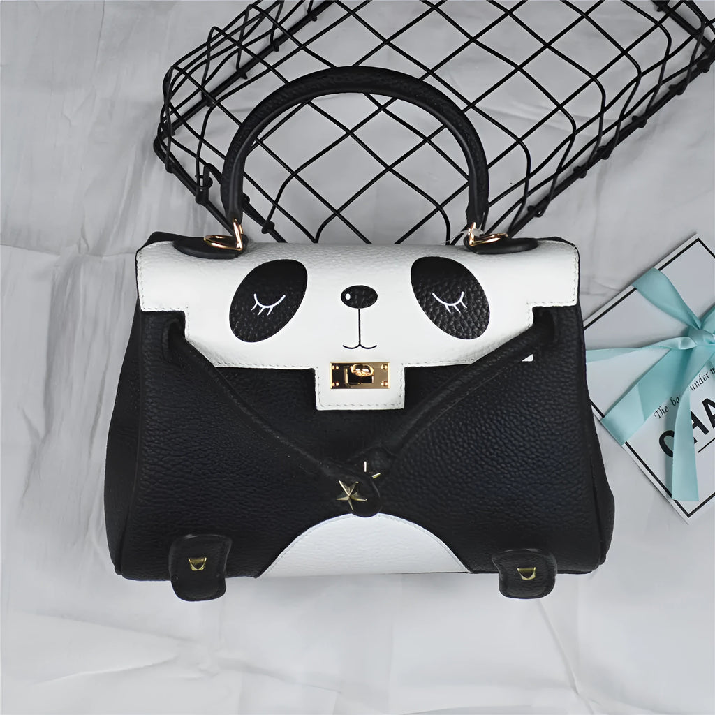 Panda animal print handbag made from cowhide leather in a horizontal square shape.