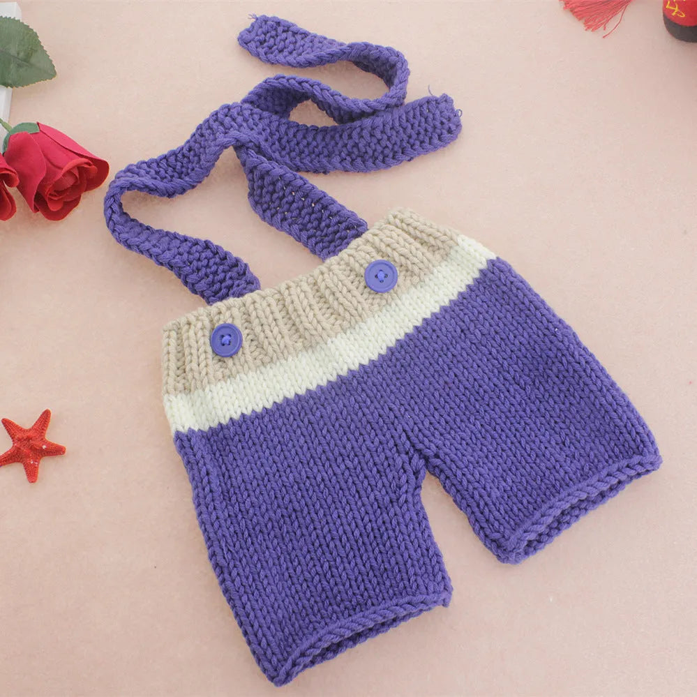 Infant navy handmade knitted wool cotton blend photo outfit set with hat and pants for baby photography