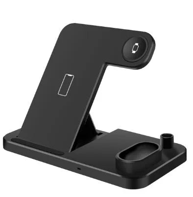 4-in-1 adjustable wireless charging station charging a phone, Apple Watch, and AirPods.