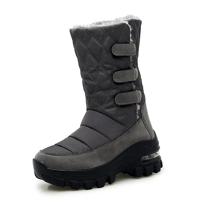 Women's outdoor plus velvet high top snow boots in black with PU air cushion sole and 5cm heel
