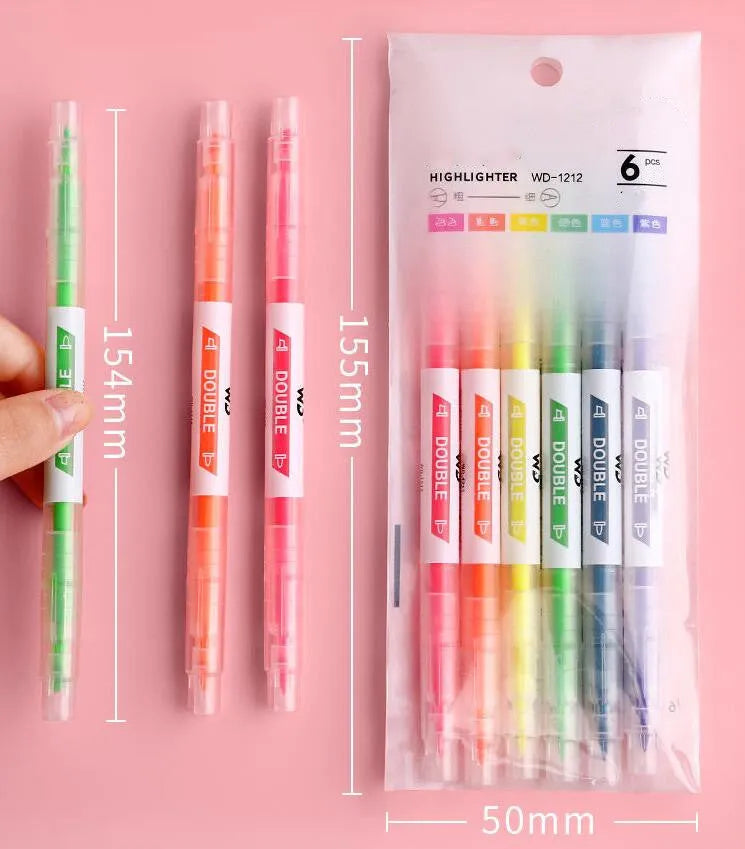 Six double-headed highlighter pens showing round and oblique tips in orange, purple, yellow, green, blue and pink colours