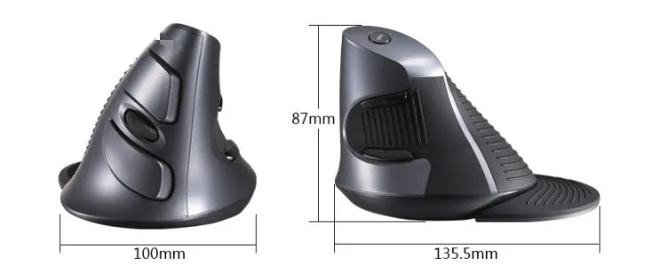 Black wireless vertical ergonomic mouse on a desk, showing its upright design and DPI switch.