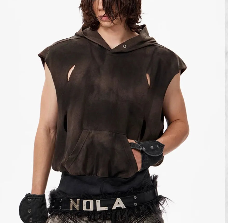Khaki coloured cotton short-sleeve hood vest on a hanger