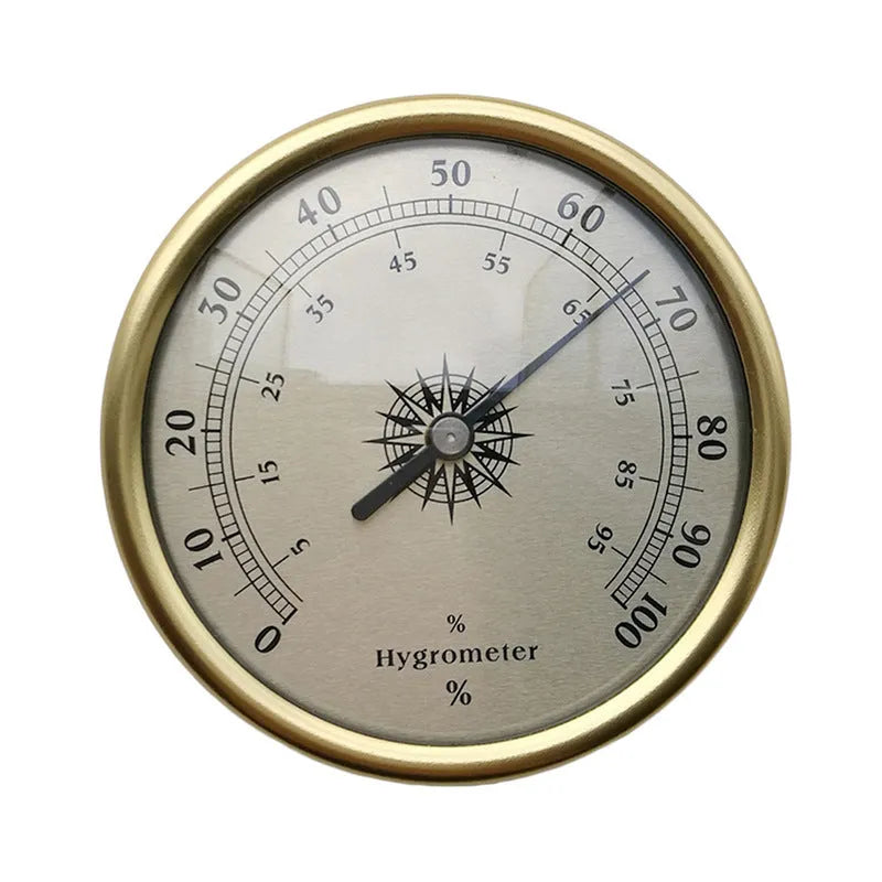 Analog thermometer and hygrometer with aluminium dial and outer ring on a white background.